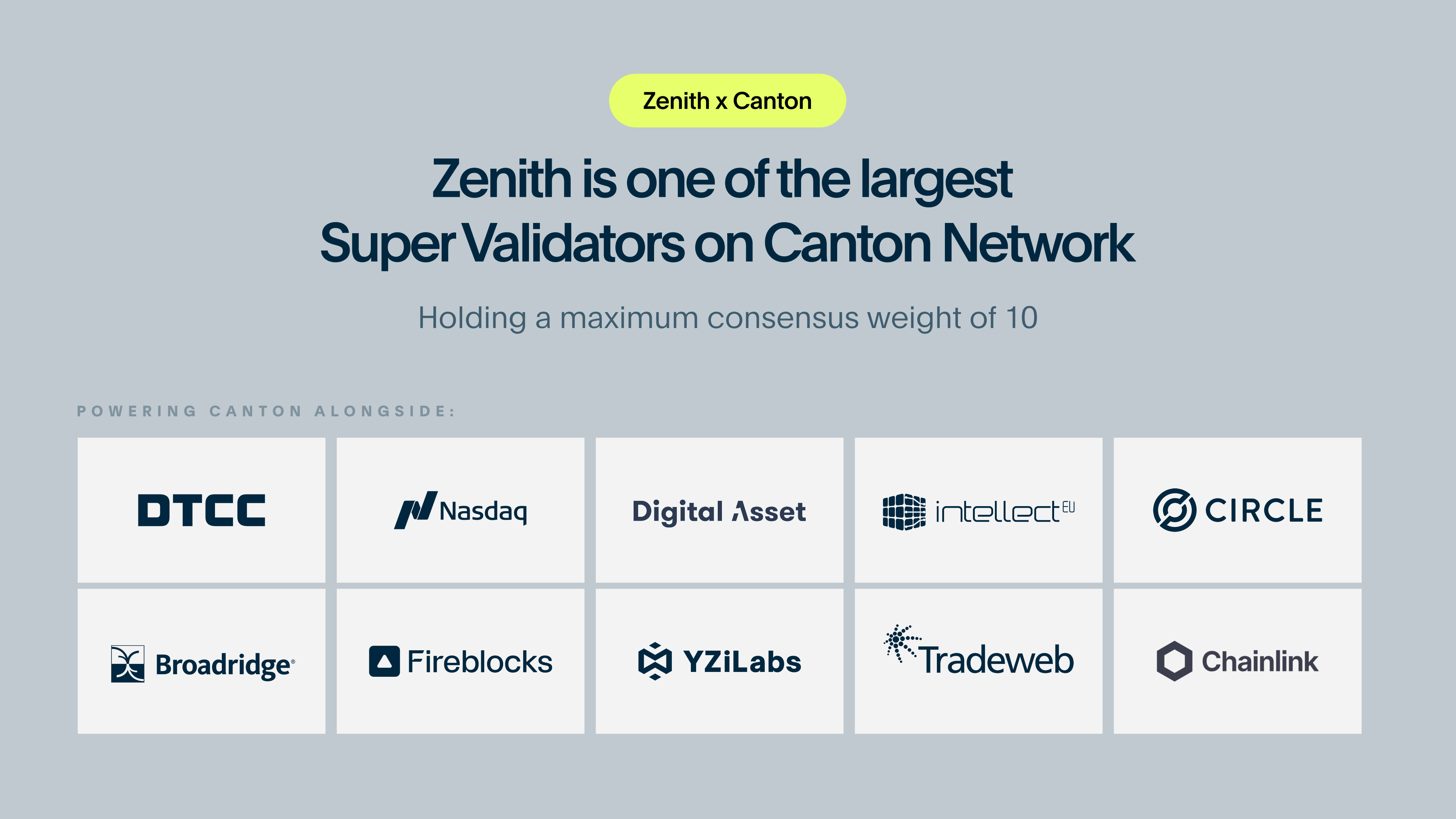 Zenith as a Super Validator on Canton powers the network together with DTCC, Nasdaq and many more
